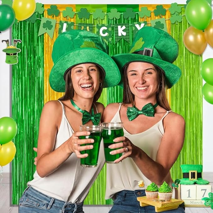 Green Gold Light Gold Fringe Curtain Party Streamers 2Pack 3.3 x 8.3 Ft Foil Fringe Backdrop Curtains for Birthday Wedding Bridal Holiday Tinsel Streamers Green Party Decorations Door Streamer