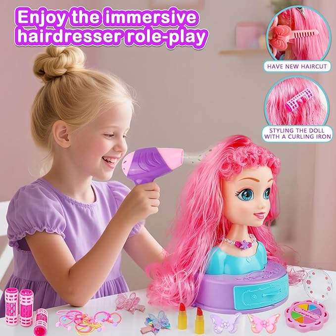 4-in-1 Doll Head for Hair Styling Kids-9Inch,41pcs Hair Salon Toys Makeup Kit Princess Accessories Pretend Play Toys Birthday Gifts for 3-8 Year Old Girls