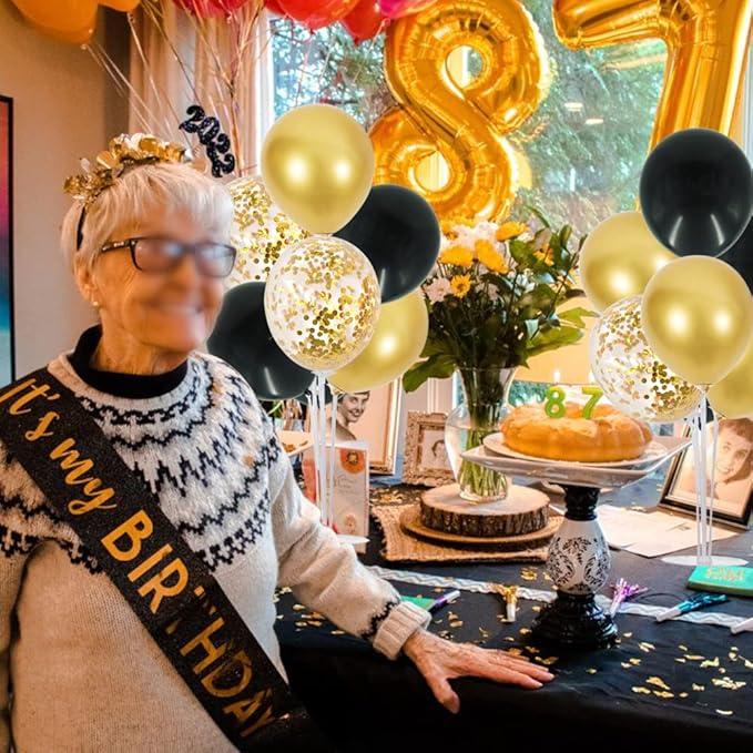 TONIFUL 6 Set Balloon Centerpieces for Table,Black Gold Balloon Stand Kit for 2026 Graduation Decorations 40th 50th 60th 70th Birthday Anniversary Retirement New Year 2026 Party Decorations