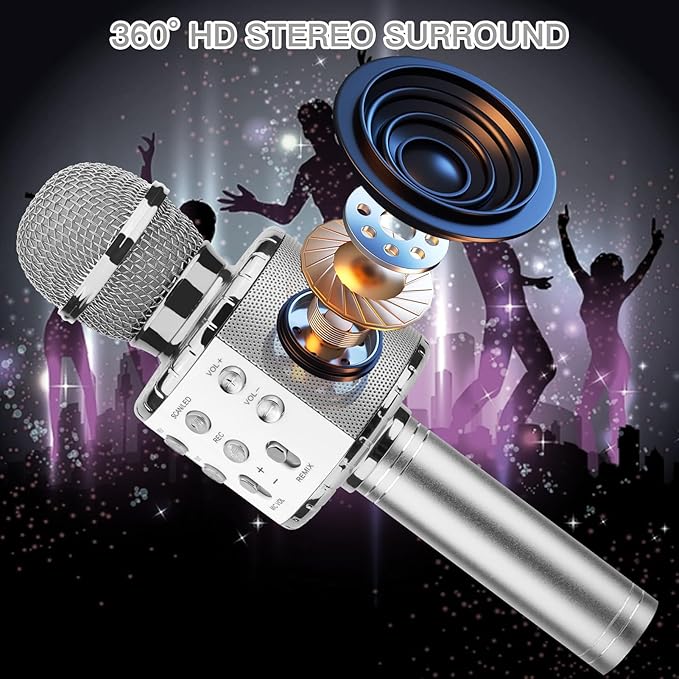 ShinePick Karaoke Microphone, 4 in 1 Wireless Microphone with LED Lights Handheld Portable Karaoke Machine, Home KTV Player, Compatible with Android & iOS Devices (Silver)