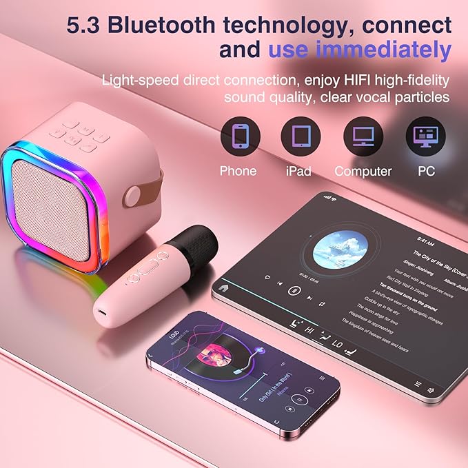 Mini Karaoke Machine for Kids Ages 2-12, Portable Wireless Karaoke Speaker with LED Party Lights & 2 Wireless Microphones, Perfect Birthday & Holiday Toys Gifts for Girls Boys（K12-Pink）