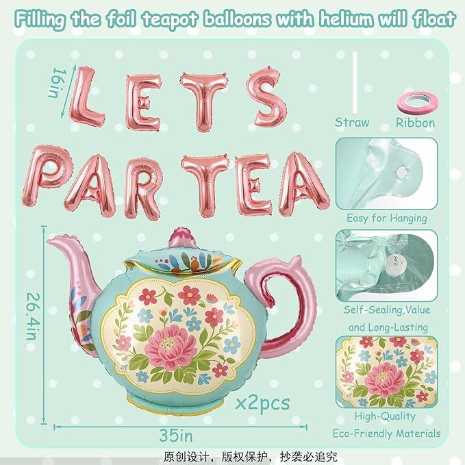 LET'S PAR TEA Banner Balloons, 35" Huge Teapot Aluminum Foil Balloons for Birthday, Baby Shower, Wedding, Bridal, Engagement, Bachelorette, Princess, Garden Party Decorations Supplies