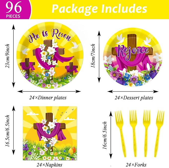 96 Pcs Easter Tableware Set He is Risen Plates Happy Easter Party Plates Easter Religious Plates and Napkins Paper Plates Napkins Forks for 24 Guests