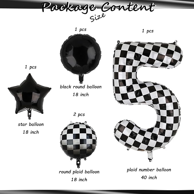 40 Inch Checkered Number Balloon 5 Black and White Race Car Birthday Balloons Baby Hippie Smile Party Shower Boys 5th Birthday Race Car Theme Party Decor Supplies 5 Pcs