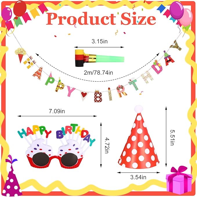 25 Pcs Party Set: 1 Colorful Banner, 3 Glasses, 10 Whistles, 11 Cone Hats for Festive Decor (Classic Style)