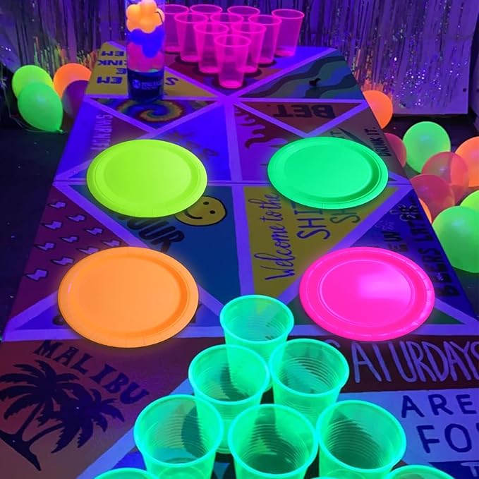 80 PCS Glow In The Dark Plates Neon Party Decorations, 4 Colors Neon Paper Plates Birthday for Glow Birthday Supplies Let's Glow Party Decorations, 9 Inch (80)