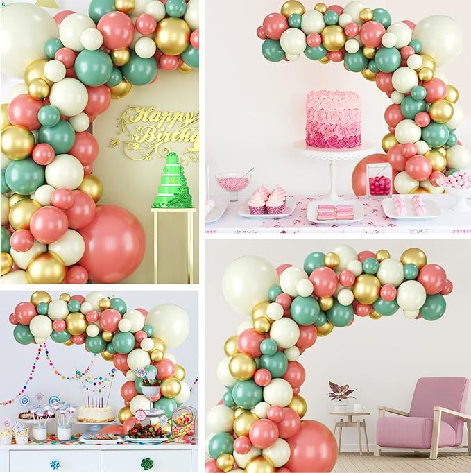 Sage Green Pink Balloon Garland Arch Kit, Green and Retro Pink Metallic Gold Latex Balloons for Baby Shower Wedding Birthday Graduation Anniversary Bachelorette Party Background Decoration