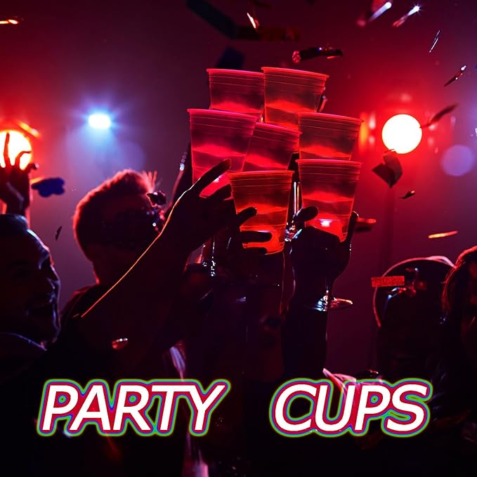mishunyus Glow in The Dark Red Party Cups 24 Pack (16 oz) - LED Light Up Plastic Cups for Birthday Weddings BBQ Beach Holiday Decorations, Reusable Drinking Cups for Club Events & Nighttime