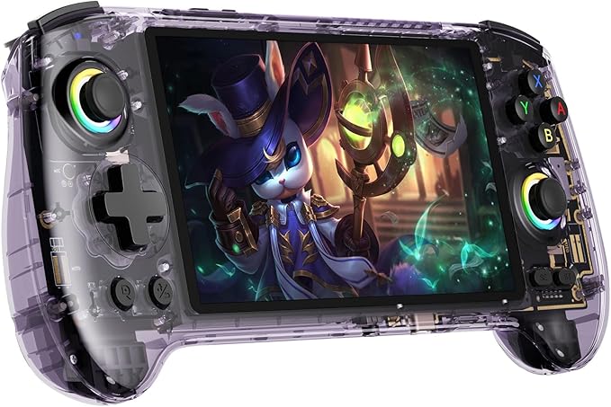 RG557 Retro Handheld Game Console , 5.48 Inch AMOLED Screen Handheld Emulator Android 14 System Dimensity 8300 Processor Support WiFi 6E Bluetooth 5.3(Transparent Purple)