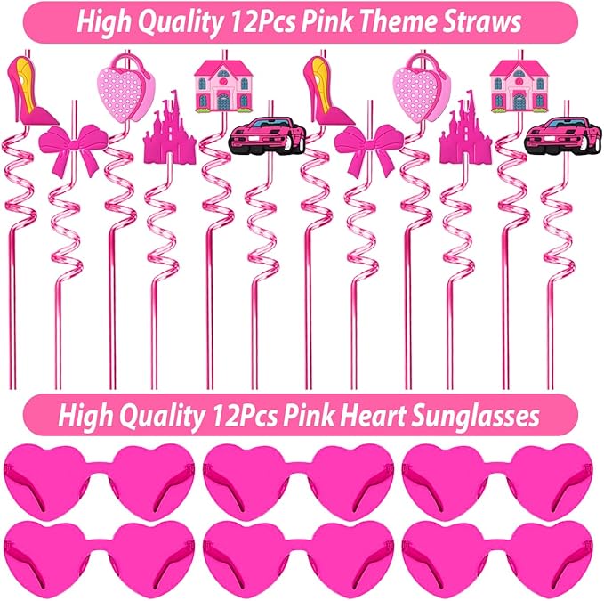 220PCS Pink Party Favors Kit for Girls – Birthday Supplies Includes Glasses, Straws, Bubble Wands, Treat Bags & More – Perfect for Party Decorations & Pinata Fillers