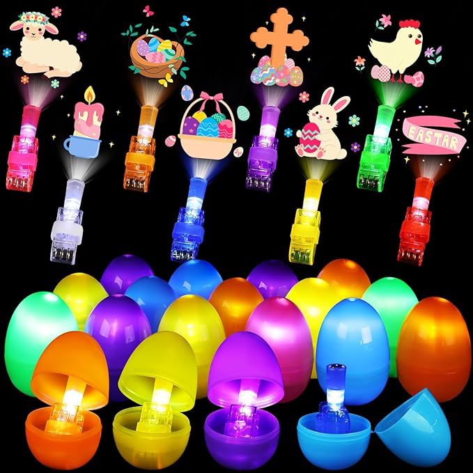 36 Pcs Prefilled Easter Eggs with LED Finger Lights Toys, Easter Party Favors Basket Stuffers for Kids, Easter Egg Hunt, Goodie Bag Fillers, Classroom Prize Supplies, Party Games
