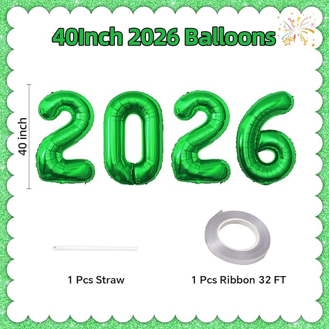 KALOR 42 Inch 2026 Green Foil Mylar Number Balloons, 2026 New Years Decorations for 2026 Happy New Year Eve and Graduations Party Supplies