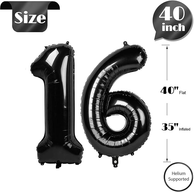 Black Number 16 Balloon 40 inch, 16 Number Balloons, 16th Black Birthday Decorations, 16 Year Old Girls Boys Party Supplies