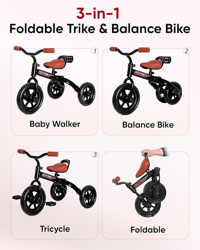 3-in-1 Foldable Tricycle and Balance Bike for Toddlers 2 to 5 Years, Tricycle for 2 Years with Adjustable Handlebar and Seat, Tricycles for 3-5 Years with DIY Plate, Black