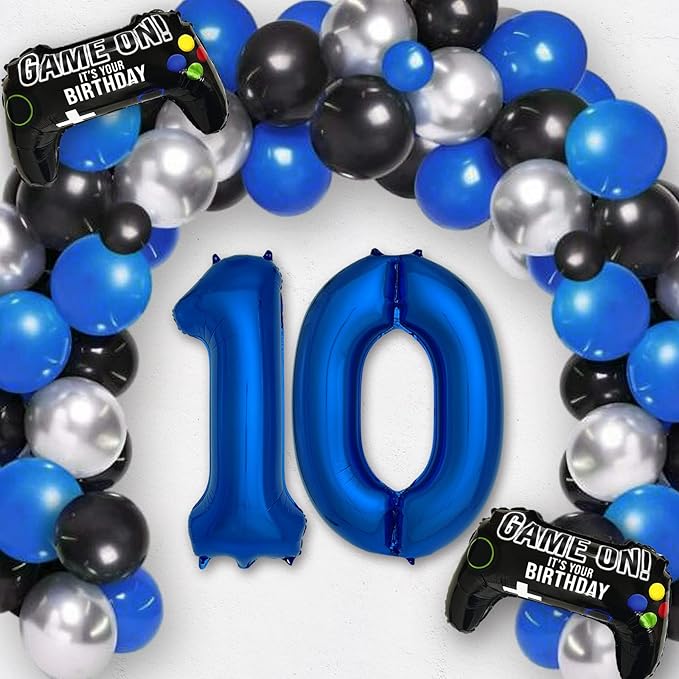 Navy Blue Video Game Party Supplies Boys 10th Birthday Party Decorations- 2 Packs Game On Balloons with Dark Blue Number 10 Balloon