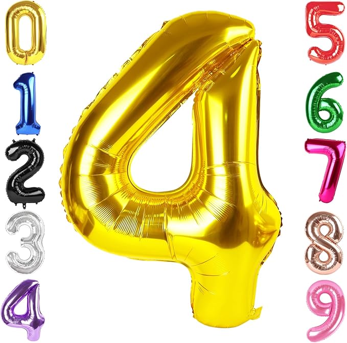 40 Inch Gold Number 4 Balloon, Giant 4 Number Balloons for 4th Birthday Decorations, Party Supplies for Baby Boy Girl, Gold Party Decor