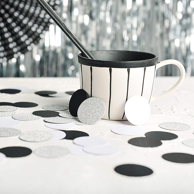 Glitter Confetti Circle Dots for Table Wedding Birthday Party Decoration, 1.2 inch in Diameter (silver glitter,black,white,200pc)
