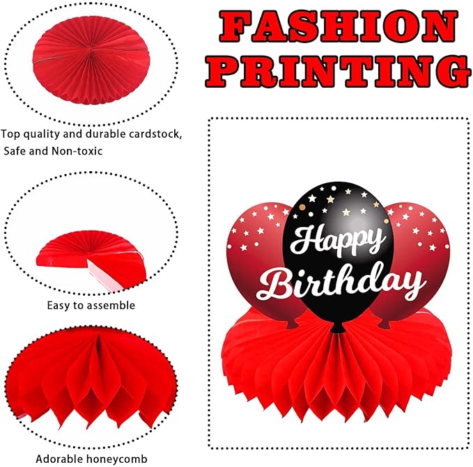 Happy 35th Birthday Red and Black Table Honeycomb Centerpieces Balloons Theme Decor Table Decorations Table Toppers for Girls Women Princess 35 Years Old Birthday Party Bday Supplies Background Gold
