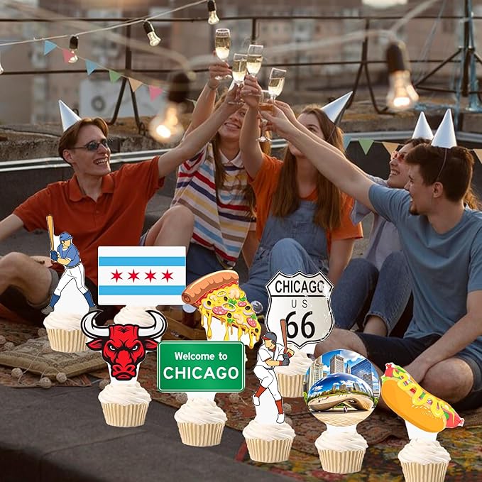 Chicago Cupcake Toppers US Chicago City Party Decorations 48PCS Chicago Theme Party Cupcake Picks Chicago Illinois Cake Decorations for Michigan Welcome to Chicago Party Supplies