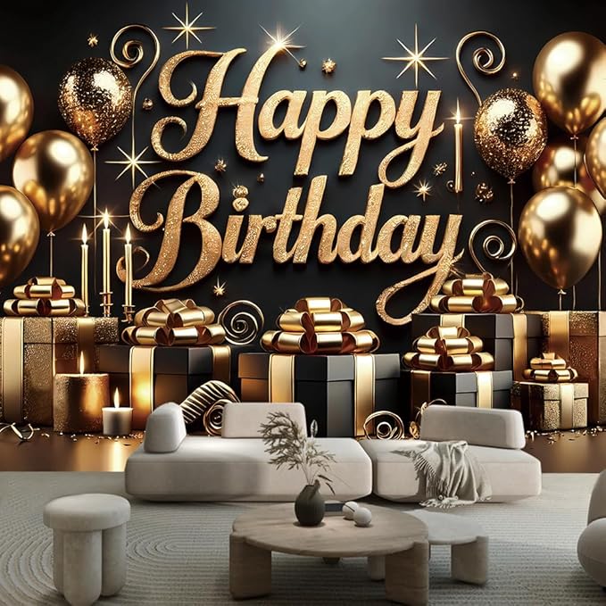 Black Glod Birthday Party Backdrop Luxury Black Glod Happy Birthday Banner Photography Background for Home Decorations Party Supplies 70.8 x 47.2 Inch
