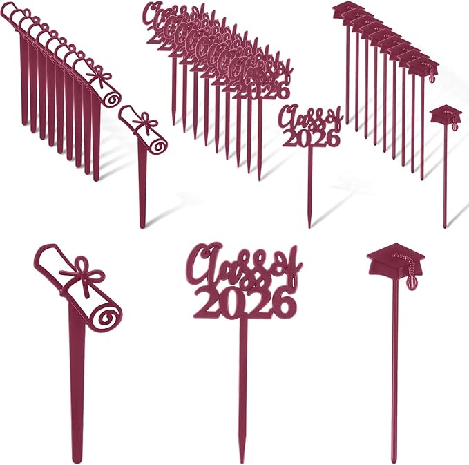 Boao 90 Pieces Class of 2026 Theme Graduation Cake Topper Plastic Cupcake Picks Graduation Cupcake Decorations for Party Supplies and Favors, 3 Styles(Maroon)