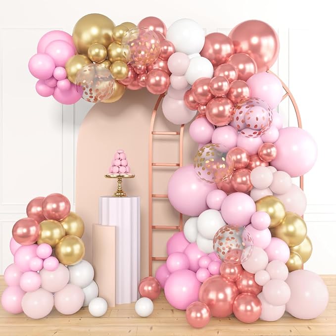 Amandir 164Pcs Rose Gold Pink Balloons Garland Arch Kit Light Pink Gold White Confetti Latex Metallic Balloons for Valentines Day Birthday Decorations Baby Shower Wedding Graduation Party Decorations