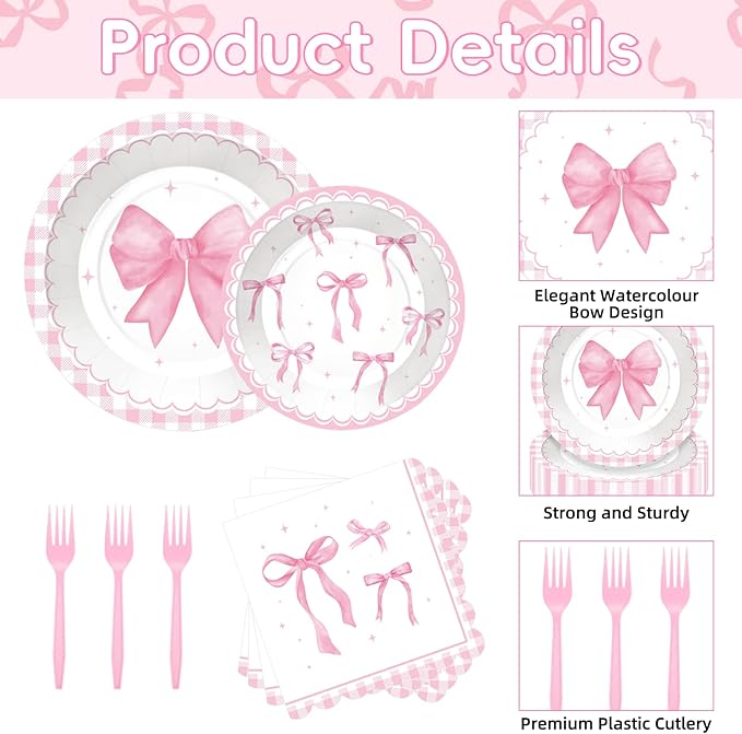 100 Pcs Pink Ribbon Bow Party Supplies Set - Serves 25, Watercolor Disposable Tableware, Includes Paper Plates, Napkins, Forks for Wedding, Bachelorette, Birthday, Girl’s Coquette-Style Themed Favors