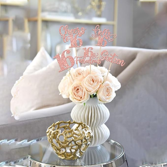 15PCS Happy 16th Birthday Centerpiece Sticks Sixteen Hello 16 Cheers to 16 Table Flower Centerpieces Sticks 16 Fabulous Floral Decorations for Happy 16th Birthday Party Centerpieces Rose Gold