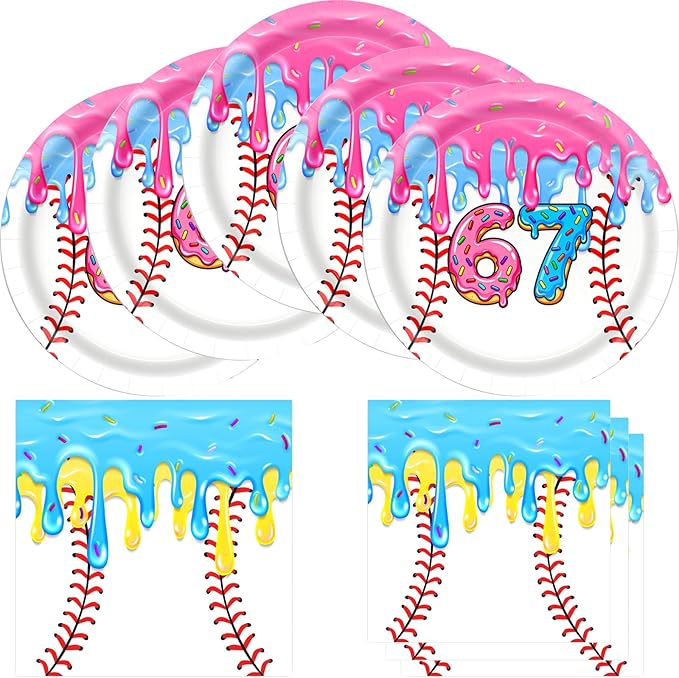 6 7 Birthday Party Supplies, include 20 Plates and 20 Napkins, for 6 7 Ice Cream Drip Baseball Six Seven Birthday Party Decorations