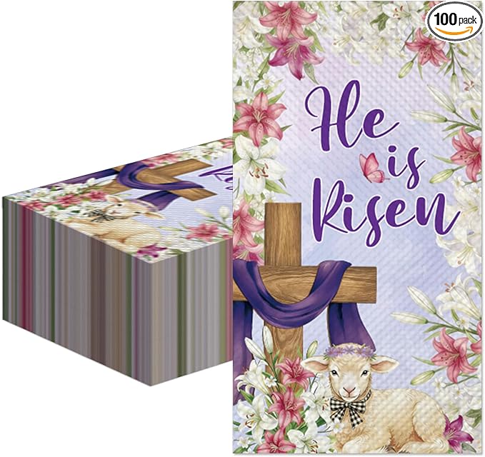100Pcs Christian He Is Risen Easter Napkins - Easter Lamb Flowers Cross Party Napkins Spring Floral Theme Party Supplies Disposable Luncheon Dinner Napkins 7.8" x4.3" for Tea Party Kitchen Bathroom