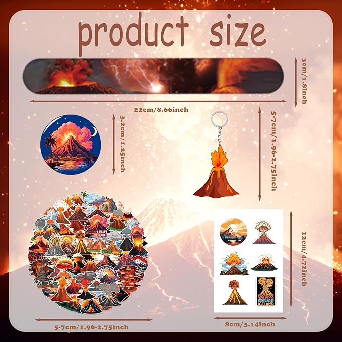 98PCS Hot Volcano Party Favors Hot Lava Theme Birthday Supplies Decorations Volcano Tattoos Volcano Slap Bracelets Volcano Keychains Volcano Stickers Hot Lava Button Pins