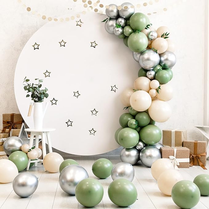 RUBFAC Sage Green Balloons 129pcs Different Sizes 18 12 10 5 Inch, Olive Green Latex Balloon Garland Arch Kit for Birthday Party Graduation Baby Shower Wedding Safari Jungle Balloon Decoration