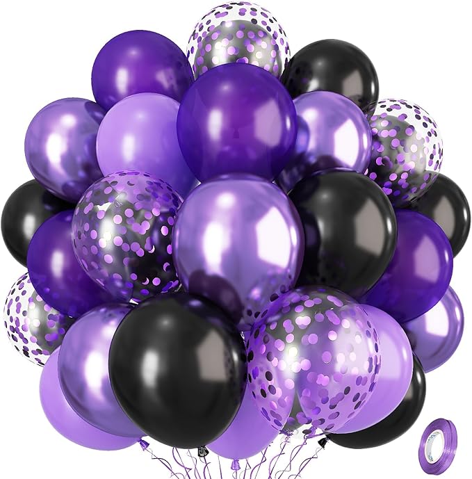Purple Black Balloons, 12 Inch Dark Purple Light Balloons with Metallic Purple Confetti Latex Balloon Set for Girls Women Halloween Birthday Bridal Shower Wedding Party Decorations Is-02