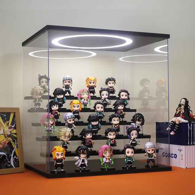 Acrylic Display Case with Adjustable LED Light, 6 Tier Clear Display Box Dustproof Showcase for Action Figures, Collectibles and Mini Toys, Assembly Display Cabinet(Black 15.5*12.5*16.7in)