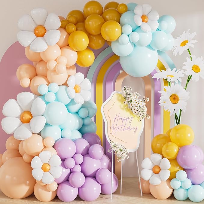 Daisy Balloon Arch Garland Kit - 148 Pcs Groovy Pastel Balloon Arch with Flower Balloons in Purple, Blue, Orange, Yellow for Boho Girl Birthday, Baby Shower, Wildflower Party Decorations