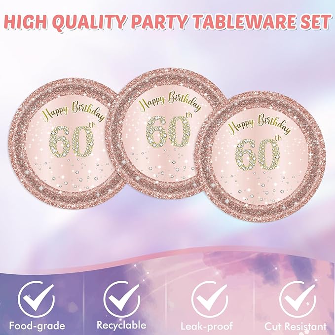 60th Birthday Decorations For Women,Rose Gold 60 Birthday Disposable Paper Plates and Napkins,60th Birthday Tablecloth Tableware Kit For 1966 Party 60 Years Old Birthday Decorations,20 Guests