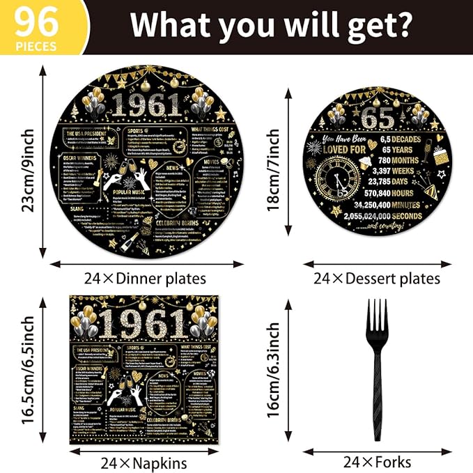96PCS 65th Birthday Plates and Napkins Party Supplies 65th Birthday Decorations for Women Men 65th Anniversary Decorations Cheers to 65 Years Vintage 1961 Tableware Sets Serve 24 Guests