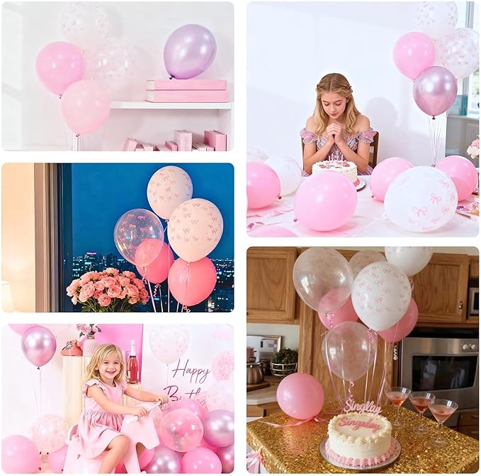 Bow Balloons, 50Pcs 12 Inches Pastel Light Clear White Pink Balloons for Girls Women Pink Birthday Party Bachelorette Bridal Engagement Bow Theme Wedding Anniversary Supplies