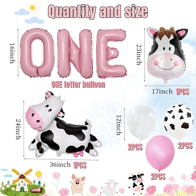 19 PCS Farm Animal Theme Party Balloons Number 1 ONE Letter Banner Balloon Farm Cow Print Sheep Pig Donkey Mylar Foil Balloons Baby Shower Boy Girl 1st Birthday Party Decor Supplies (1st)