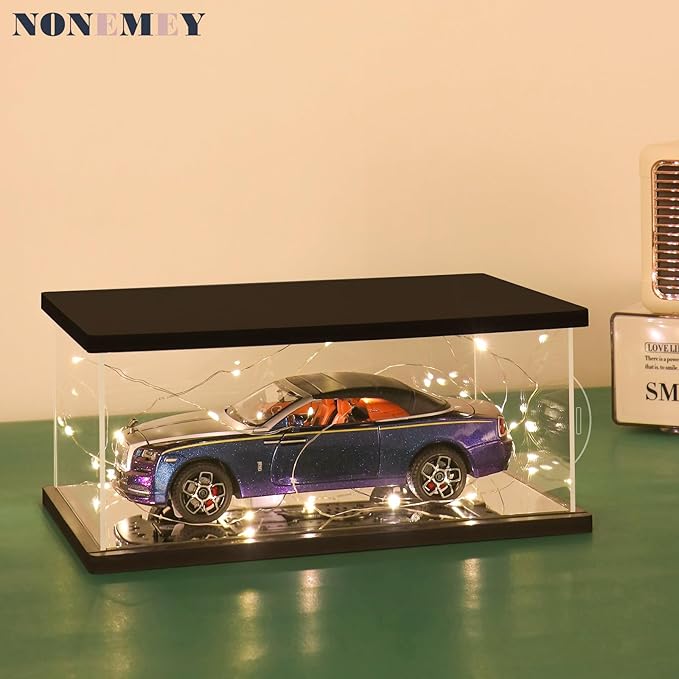 NONEMEY Clear Acrylic Display Case with Remote Control Light for Collectibles, Dustproof Model Showcase Organizer Box, Display Case for Collectibles (13.8x10x6inch,35x25x15cm)