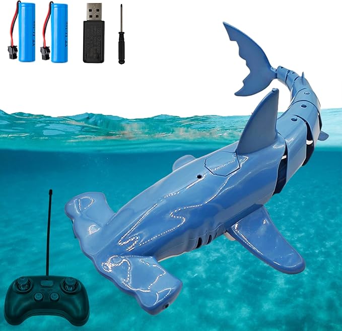 Remote Control Shark for Pool｜1:18 RC Shark & Dual Motors｜One-Touch Dive to 5 ft｜LED 2.4GHz Waterproof RC Submarine Hammerhead Shark Toy｜ Pool Party Gifts for Boys Ages 6-12(2 Batteries)