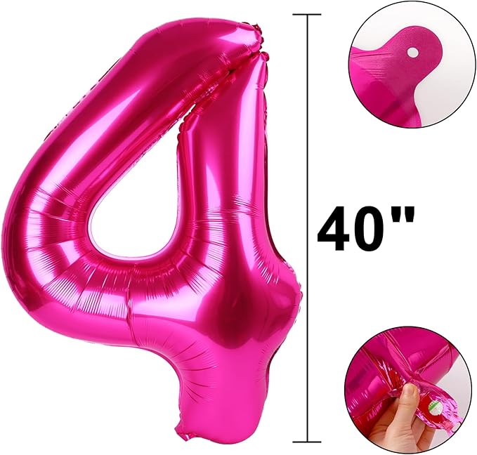 Rose Red Number 4 Balloon 40 Inch, Big Large Foil Helium Hot Pink Number Balloons,Jumbo Giant Mylar Self Inflating Number 0 Balloons for Birthday Party Decorations Supplies