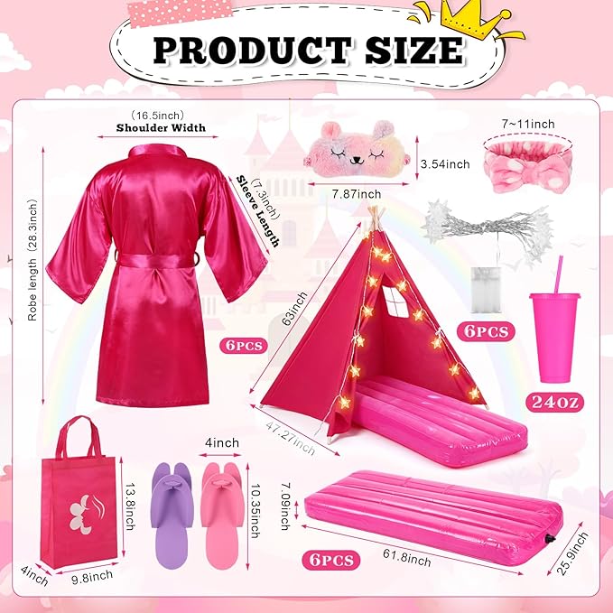 6 Set Sleepovers Teepee Tents Spa Party Robes Supplies Bulk with Inflatable Airbed and Light String, Party Supplies for Birthday Movie Spa Favors Gifts Indoor Outdoor (6 Rose Red)