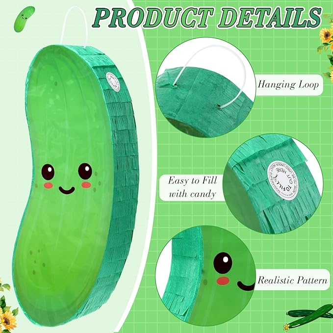 Pickle Piñata for Kids Birthday Party 15.7 x 6.7 x 2.8 Inches Cucumber Theme Piñata with Bat Blindfold and Confetti for Baby Shower Photo Props Cinco De Mayo Fiesta Decoration