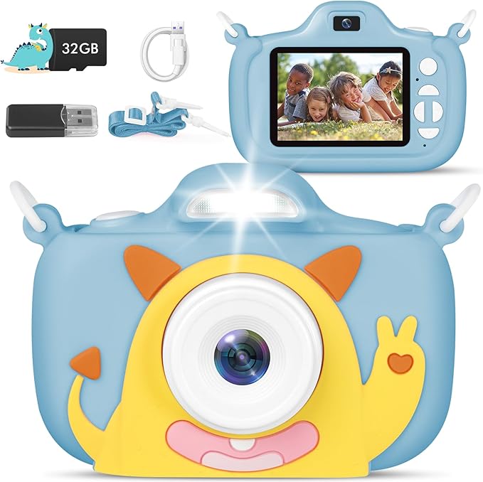 Kids Camera with Flashlight & 2.4in Screen, 1080P Dual Lens Toddler Camera - Christmas Birthday Gift for 3-12 Year Old Girls Boys, Kids Digital Camera with 32GB Card & Shockproof Case