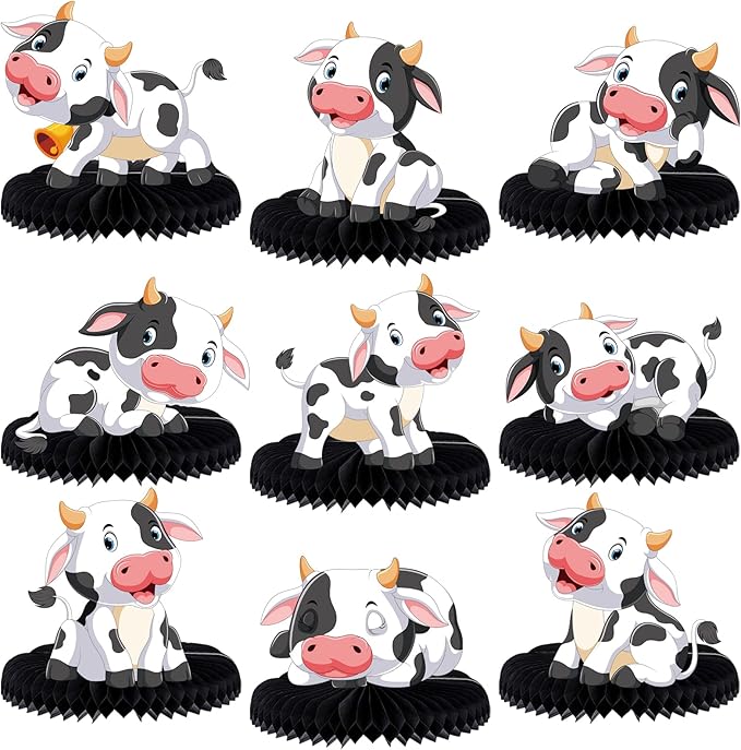 9 Pcs Cow Honeycomb Centerpieces Farm Animals Cow Table Topper Honeycomb 3D Table Decoration Barnyard Paper Fan Cow Cutouts for Children's Party Western Cowboy Baby Shower Wedding Party Supplies
