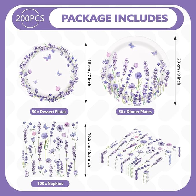 200Pcs Lavender Party Supplies Spring Purple Lavender Floral Plates and Napkins Disposable Butterfly Flower Tableware Set for Wedding Birthday Baby Shower Tea Party Decorations Serves 50