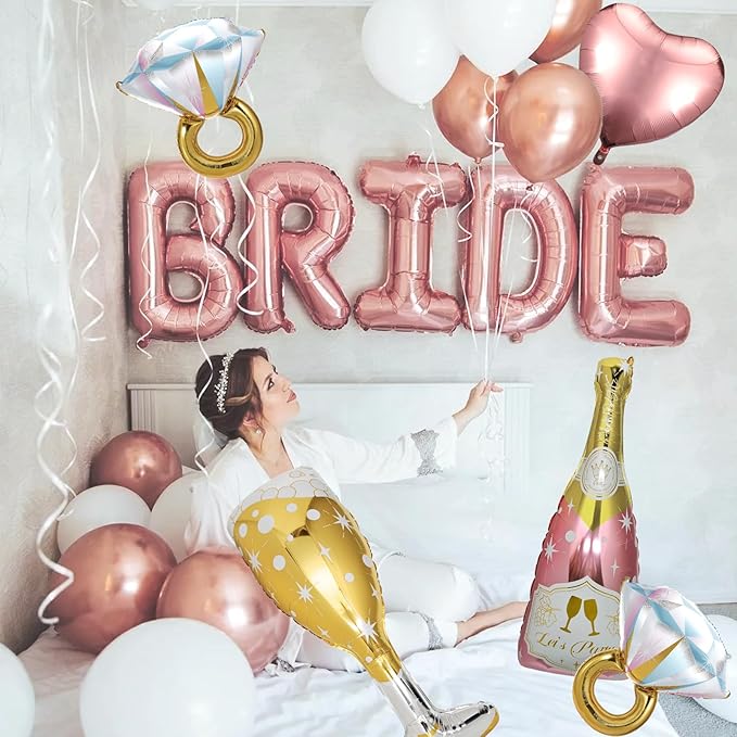 9 Pcs Bride Balloons, Huge Rose Gold Champagne Bottle Goblet Aluminum Foil Balloons for Birthday, Bachelorette, Bridal Shower, Wedding, Anniversary, Engagement Party Decorations Supplies