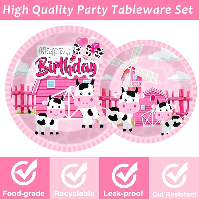 Wiooffen 96 Pcs Cow Birthday Party Supplies Cow Theme Birthday Tableware Set for Girls Pink Cow Print Themed Party Decorations Farm Animal Birthday Party Paper Plates Napkins Forks 24 Guests