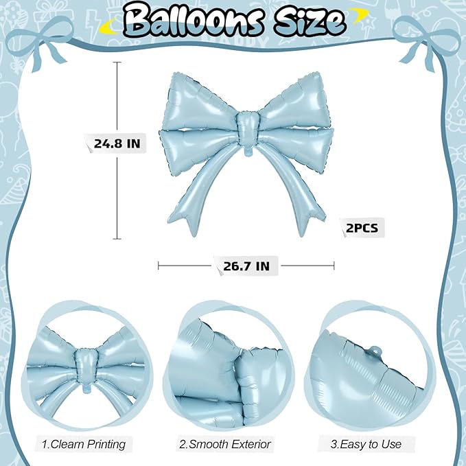 2pcs Dusty Blue Bow Balloons for Bow Party Decorations, Giant Light Baby Blue Mylar Foil Balloon for Coquette Party Decor Bow Themed Sweet 16 Birthday Bridal Baby Shower Bachelorette Wedding Supplies